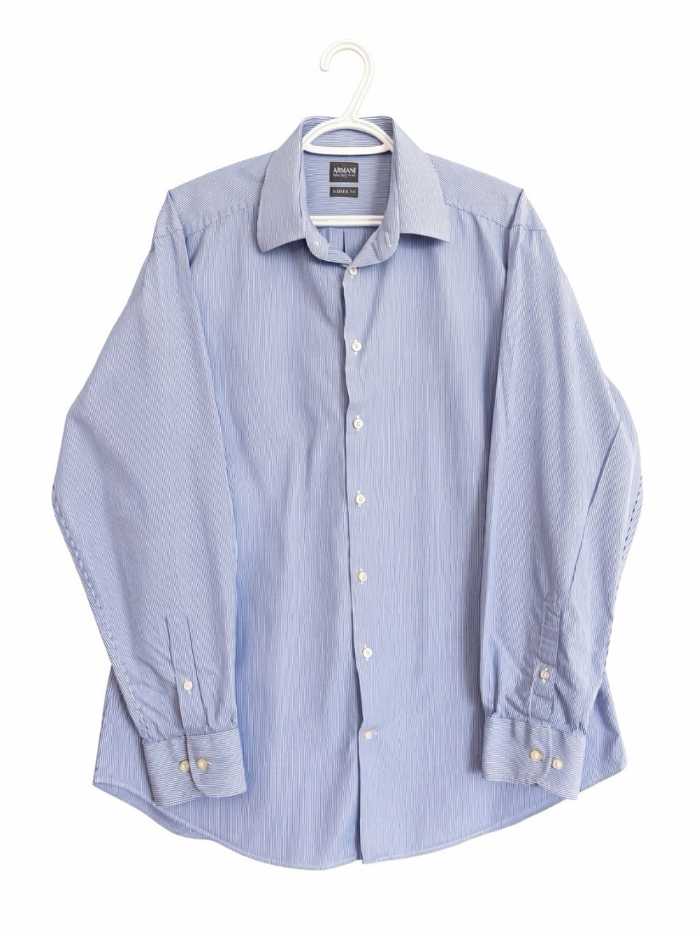 Armani Collezioni Mens Dress Shirt 16.5 42 L Blue Striped Classic Fit Cotton